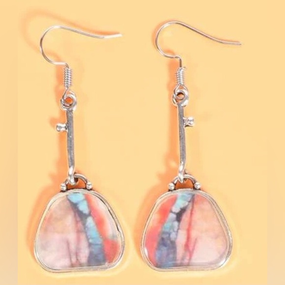 Pink Pastel Striped Art Deco Abstract Nature Glass Boho Silver Droplet Earring - Picture 3 of 4